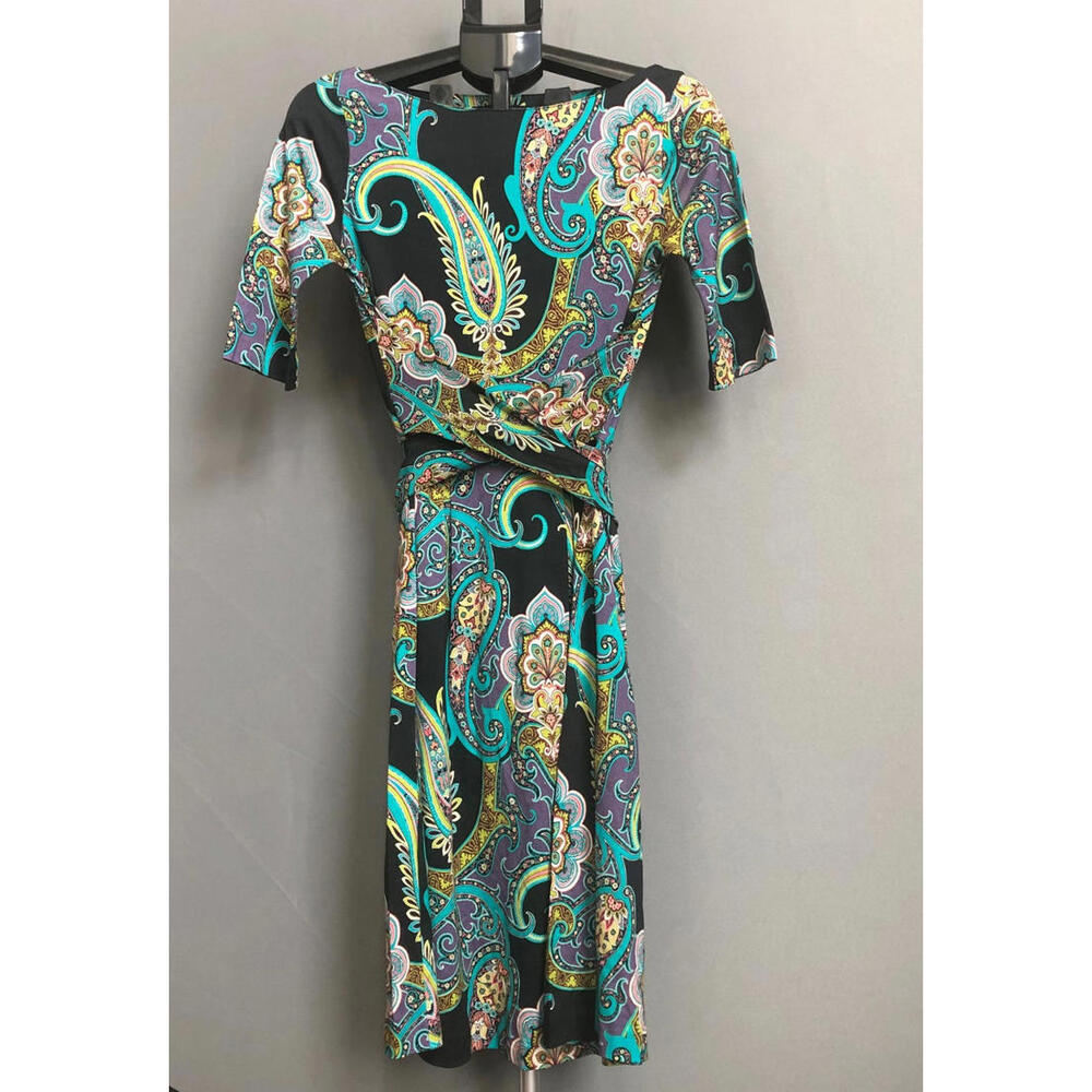 Etro Milano Dress coton Silk Blue Paisley Stretch Lightweight Knit 42 US 10
